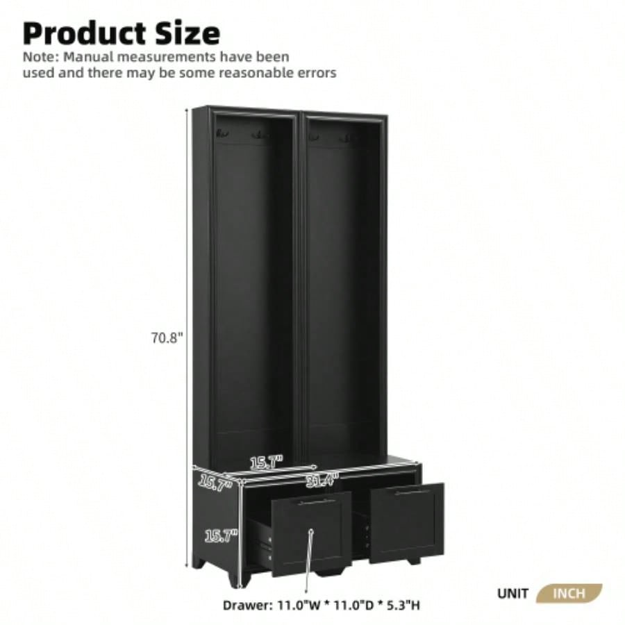 ON - TREND Elegant Standing Hall Tree Set of 2, Multifunctional 3 - IN - 1 Entryway Coat Rack with Black Retro Handles, Seating with Storage Drawers Hallway, Living Room, Black, 31.470.8H