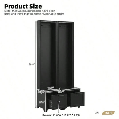 ON - TREND Elegant Standing Hall Tree Set of 2, Multifunctional 3 - IN - 1 Entryway Coat Rack with Black Retro Handles, Seating with Storage Drawers Hallway, Living Room, Black, 31.470.8H