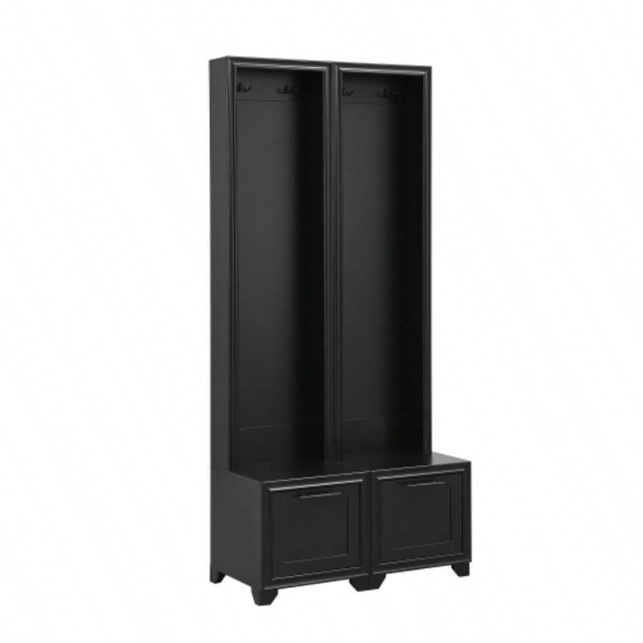 ON - TREND Elegant Standing Hall Tree Set of 2, Multifunctional 3 - IN - 1 Entryway Coat Rack with Black Retro Handles, Seating with Storage Drawers Hallway, Living Room, Black, 31.470.8H