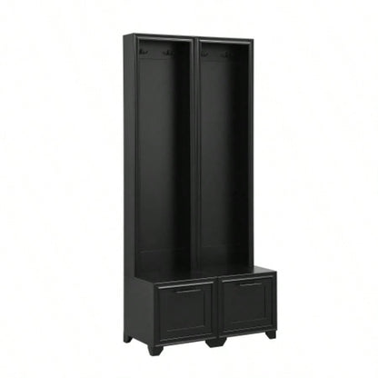 ON - TREND Elegant Standing Hall Tree Set of 2, Multifunctional 3 - IN - 1 Entryway Coat Rack with Black Retro Handles, Seating with Storage Drawers Hallway, Living Room, Black, 31.470.8H