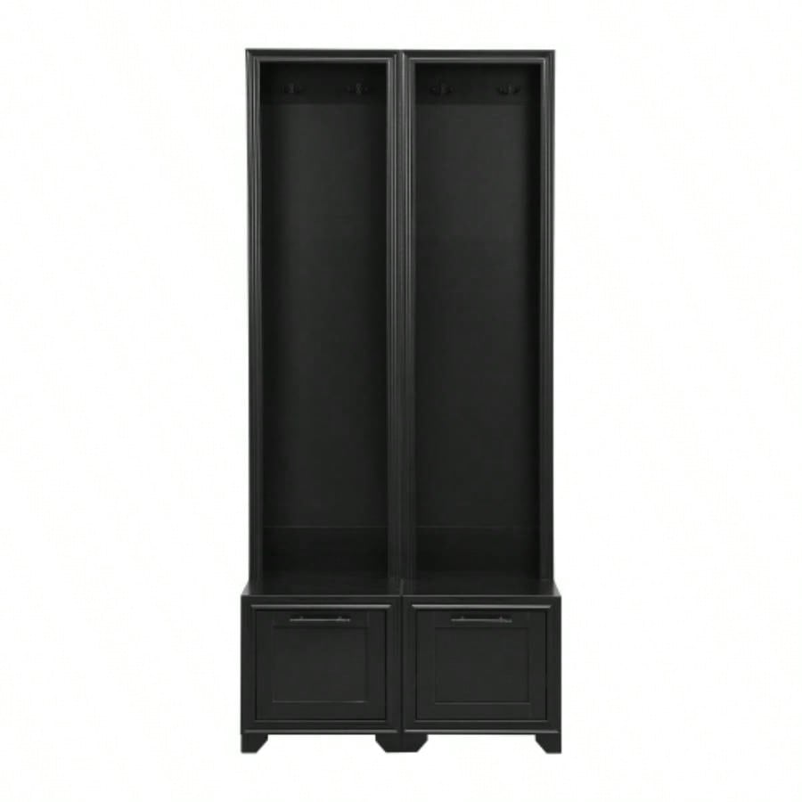 ON - TREND Elegant Standing Hall Tree Set of 2, Multifunctional 3 - IN - 1 Entryway Coat Rack with Black Retro Handles, Seating with Storage Drawers Hallway, Living Room, Black, 31.470.8H