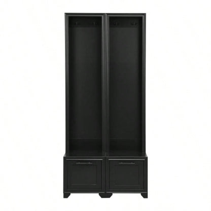 ON - TREND Elegant Standing Hall Tree Set of 2, Multifunctional 3 - IN - 1 Entryway Coat Rack with Black Retro Handles, Seating with Storage Drawers Hallway, Living Room, Black, 31.470.8H