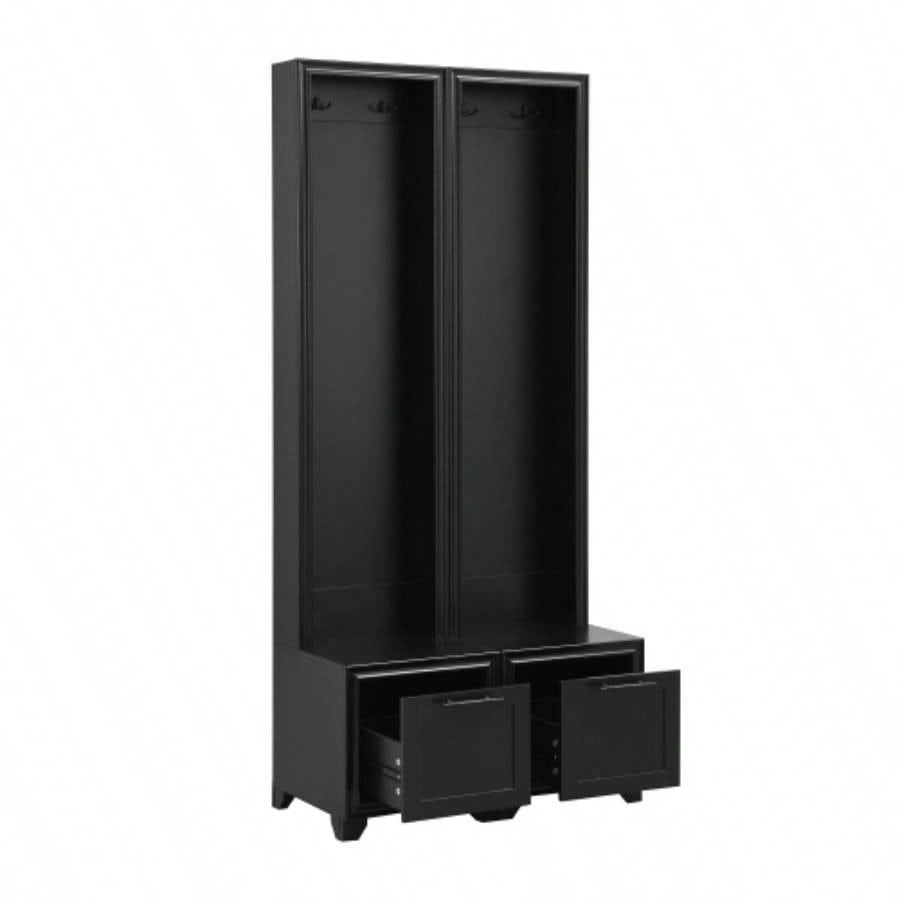 ON - TREND Elegant Standing Hall Tree Set of 2, Multifunctional 3 - IN - 1 Entryway Coat Rack with Black Retro Handles, Seating with Storage Drawers Hallway, Living Room, Black, 31.470.8H