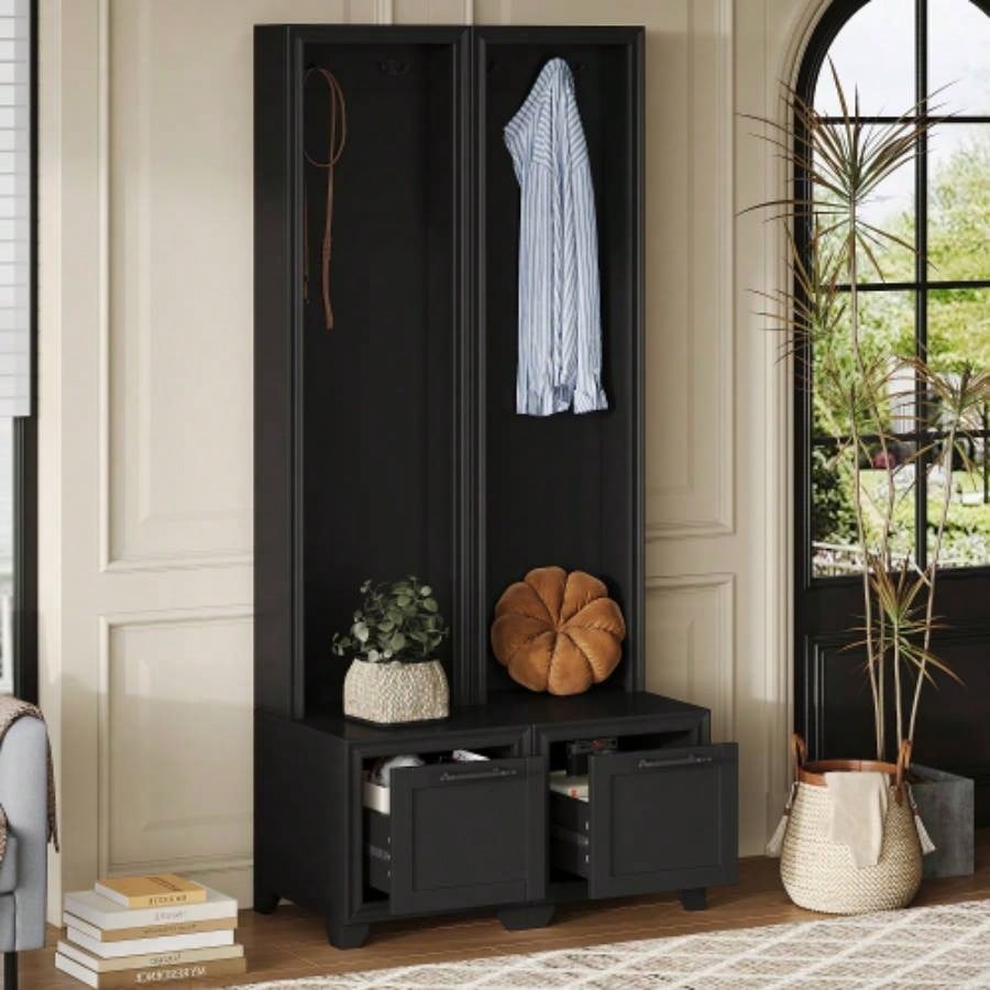 ON - TREND Elegant Standing Hall Tree Set of 2, Multifunctional 3 - IN - 1 Entryway Coat Rack with Black Retro Handles, Seating with Storage Drawers Hallway, Living Room, Black, 31.470.8H
