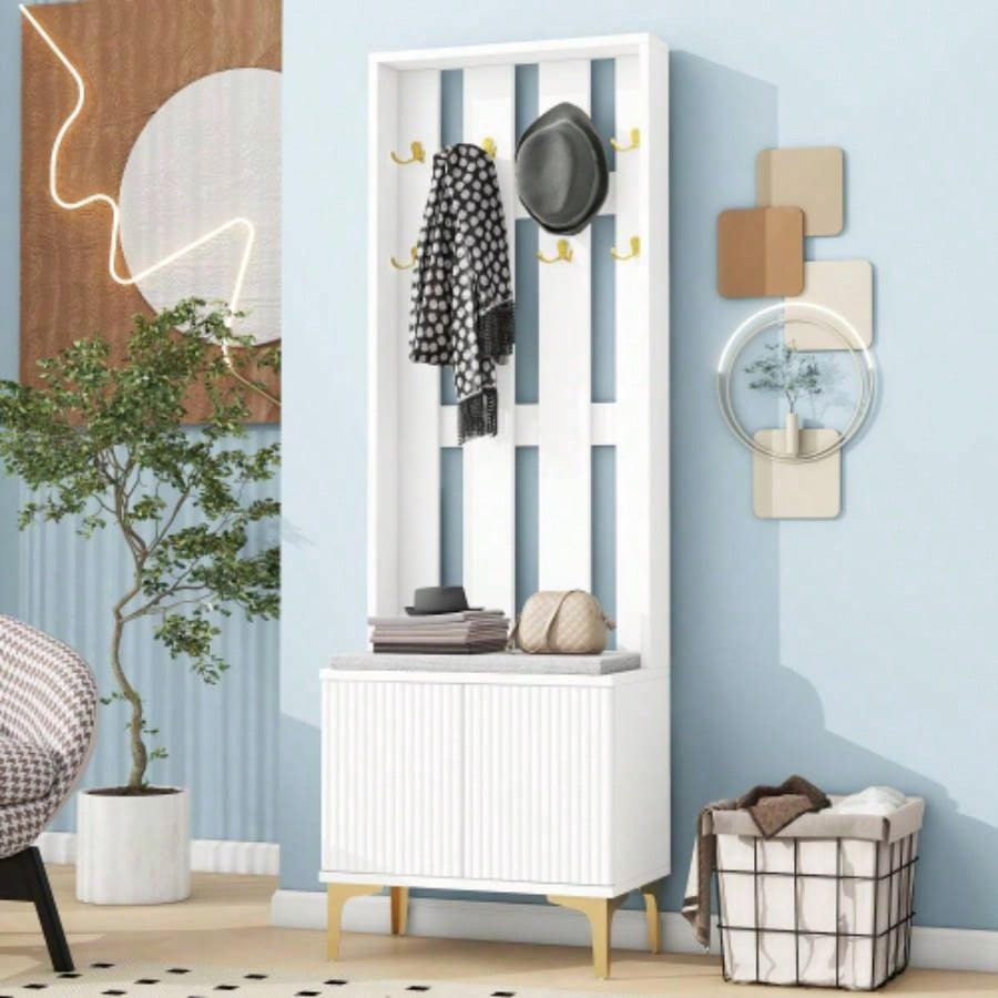 ON - TREND Elegant Standing Hall Tree Set of 2, Multifunctional 3 - IN - 1 Entryway Coat Rack with Black Retro Handles, Seating with Storage Drawers Hallway, Living Room, Black, 31.470.8H