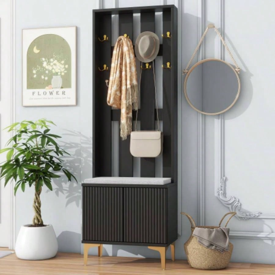 ON - TREND Elegant Standing Hall Tree Set of 2, Multifunctional 3 - IN - 1 Entryway Coat Rack with Black Retro Handles, Seating with Storage Drawers Hallway, Living Room, Black, 31.470.8H