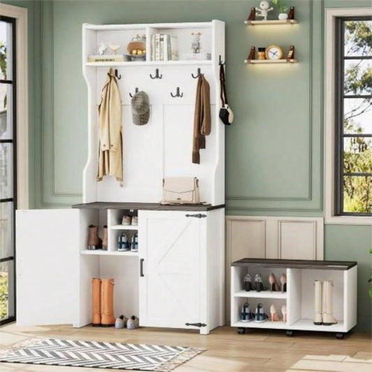 ON - TREND Farmhouse 4 - in - 1 Hall Tree with Barn Doors, Movable with Hanging Hooks and Shoe Storage Cabinet, 76.9H Entryway Coat Rack with 6 Brake Wheels Hallway, Living Room, White