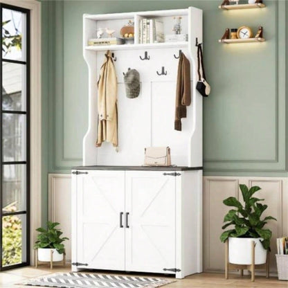 ON - TREND Farmhouse 4 - in - 1 Hall Tree with Barn Doors, Movable with Hanging Hooks and Shoe Storage Cabinet, 76.9H Entryway Coat Rack with 6 Brake Wheels Hallway, Living Room, White