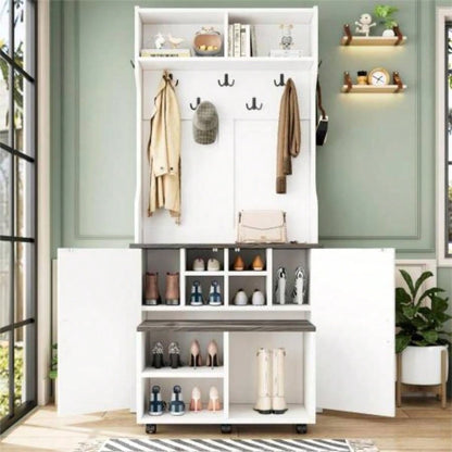 ON - TREND Farmhouse 4 - in - 1 Hall Tree with Barn Doors, Movable with Hanging Hooks and Shoe Storage Cabinet, 76.9H Entryway Coat Rack with 6 Brake Wheels Hallway, Living Room, White