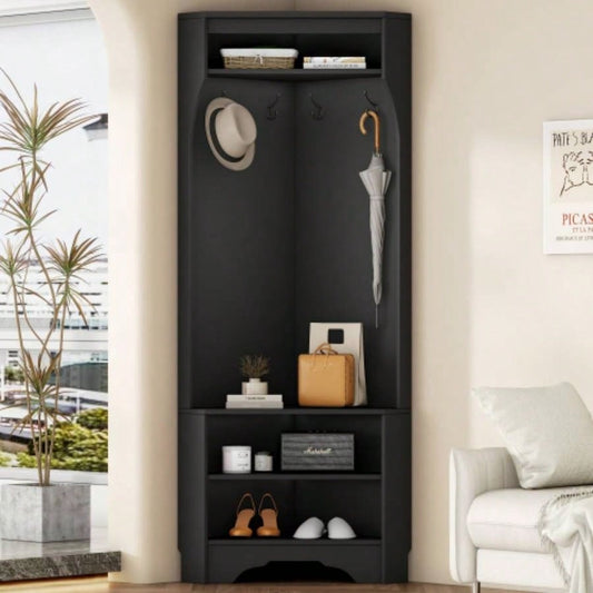 ON - TREND Minimalist Corner Hall Tree with Shoe, Versatile Entryway Coat Rack with 4 Hooks, Corner Cabinet with Adjustable Shelf Hallway, Living Room, Black, 29.571.6H