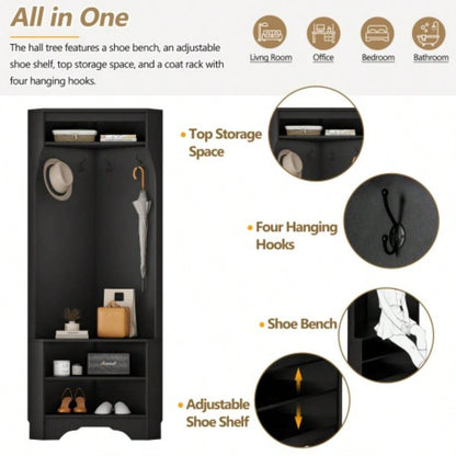 ON - TREND Minimalist Corner Hall Tree with Shoe, Versatile Entryway Coat Rack with 4 Hooks, Corner Cabinet with Adjustable Shelf Hallway, Living Room, Black, 29.571.6H