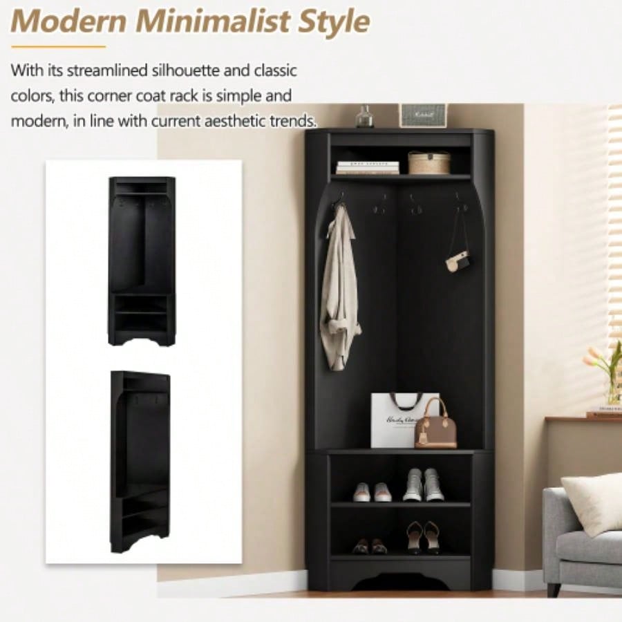 ON - TREND Minimalist Corner Hall Tree with Shoe, Versatile Entryway Coat Rack with 4 Hooks, Corner Cabinet with Adjustable Shelf Hallway, Living Room, Black, 29.571.6H