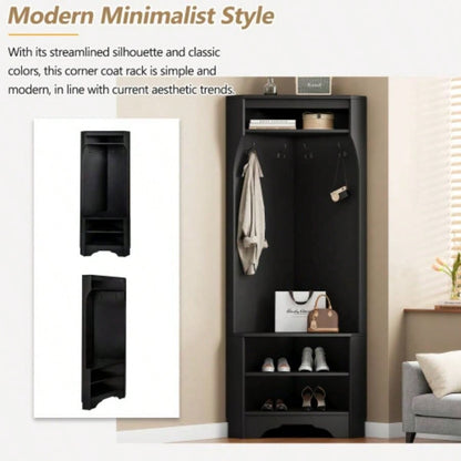 ON - TREND Minimalist Corner Hall Tree with Shoe, Versatile Entryway Coat Rack with 4 Hooks, Corner Cabinet with Adjustable Shelf Hallway, Living Room, Black, 29.571.6H