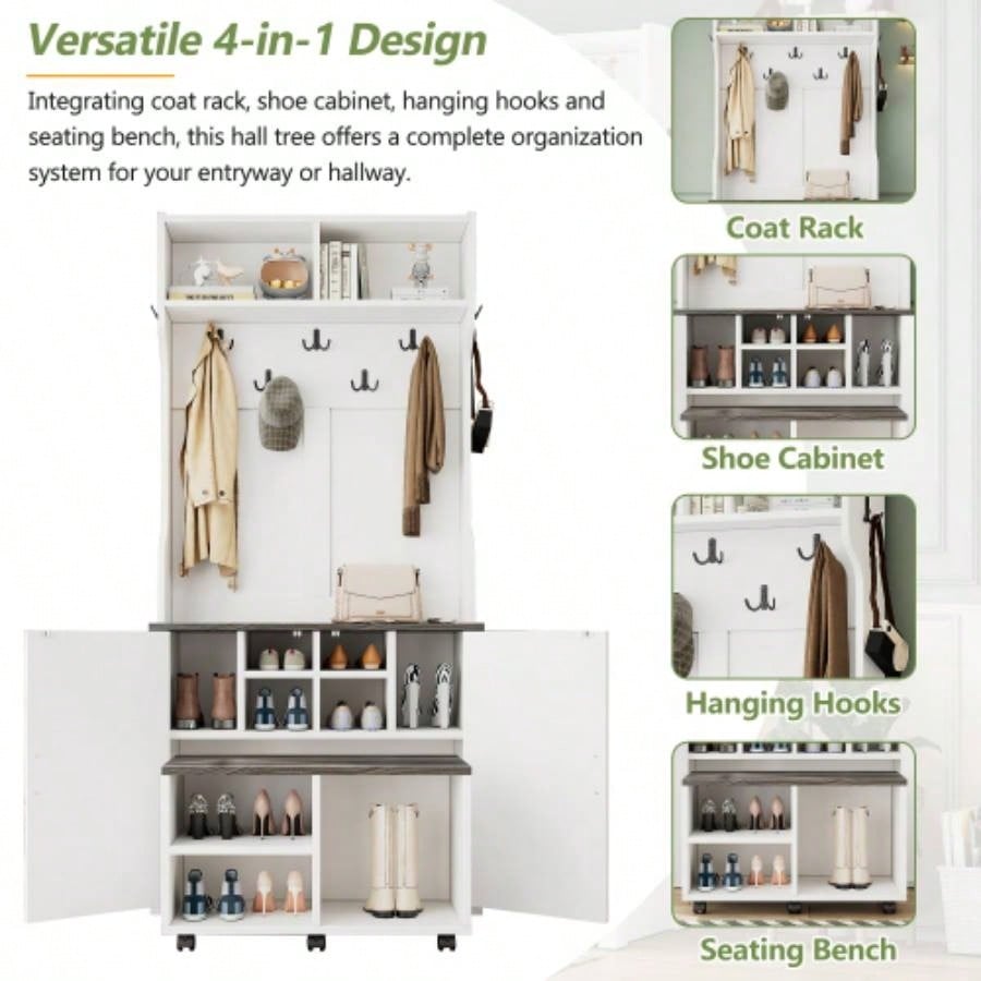 ON - TREND Farmhouse 4 - in - 1 Hall Tree with Barn Doors, Movable with Hanging Hooks and Shoe Storage Cabinet, 76.9H Entryway Coat Rack with 6 Brake Wheels Hallway, Living Room, White