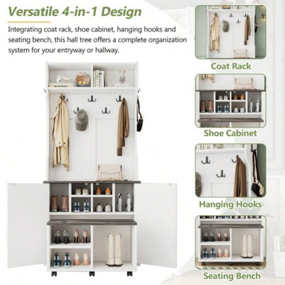 ON - TREND Farmhouse 4 - in - 1 Hall Tree with Barn Doors, Movable with Hanging Hooks and Shoe Storage Cabinet, 76.9H Entryway Coat Rack with 6 Brake Wheels Hallway, Living Room, White