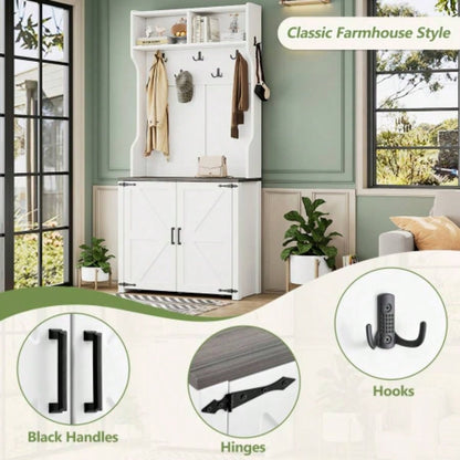 ON - TREND Farmhouse 4 - in - 1 Hall Tree with Barn Doors, Movable with Hanging Hooks and Shoe Storage Cabinet, 76.9H Entryway Coat Rack with 6 Brake Wheels Hallway, Living Room, White