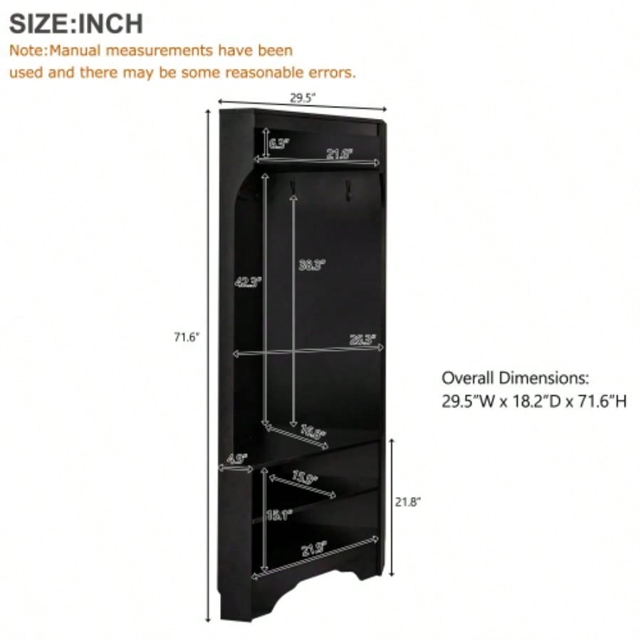 ON - TREND Minimalist Corner Hall Tree with Shoe, Versatile Entryway Coat Rack with 4 Hooks, Corner Cabinet with Adjustable Shelf Hallway, Living Room, Black, 29.571.6H