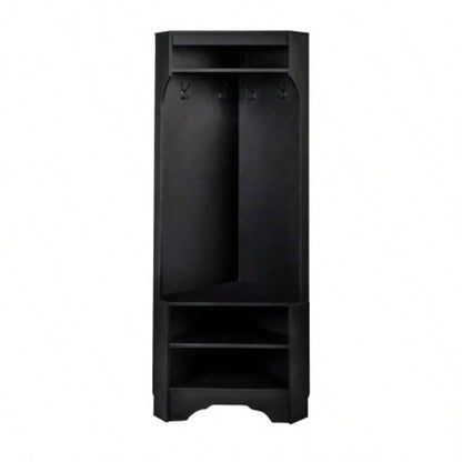 ON - TREND Minimalist Corner Hall Tree with Shoe, Versatile Entryway Coat Rack with 4 Hooks, Corner Cabinet with Adjustable Shelf Hallway, Living Room, Black, 29.571.6H