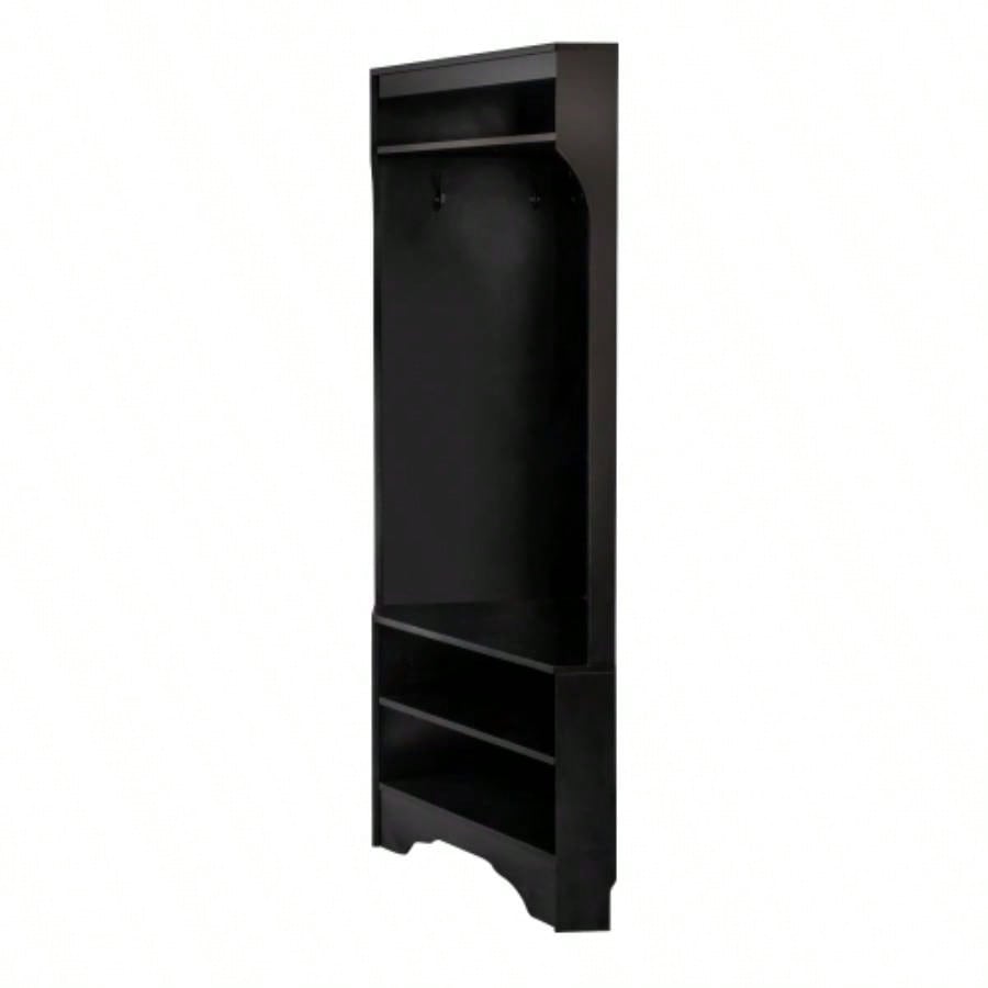 ON - TREND Minimalist Corner Hall Tree with Shoe, Versatile Entryway Coat Rack with 4 Hooks, Corner Cabinet with Adjustable Shelf Hallway, Living Room, Black, 29.571.6H