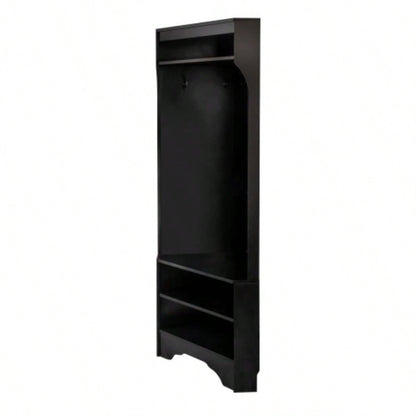 ON - TREND Minimalist Corner Hall Tree with Shoe, Versatile Entryway Coat Rack with 4 Hooks, Corner Cabinet with Adjustable Shelf Hallway, Living Room, Black, 29.571.6H