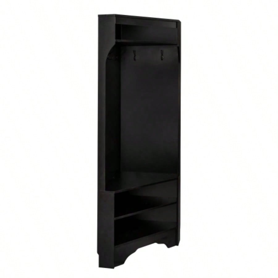 ON - TREND Minimalist Corner Hall Tree with Shoe, Versatile Entryway Coat Rack with 4 Hooks, Corner Cabinet with Adjustable Shelf Hallway, Living Room, Black, 29.571.6H