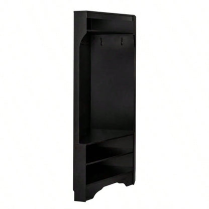 ON - TREND Minimalist Corner Hall Tree with Shoe, Versatile Entryway Coat Rack with 4 Hooks, Corner Cabinet with Adjustable Shelf Hallway, Living Room, Black, 29.571.6H