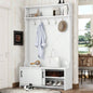 Hall Tree with Top Shelf and Storage, Hallway Shoe Cabinet with Sliding Doors, Coat Rack with 5 Hanging Hooks Entryways Hallways, White