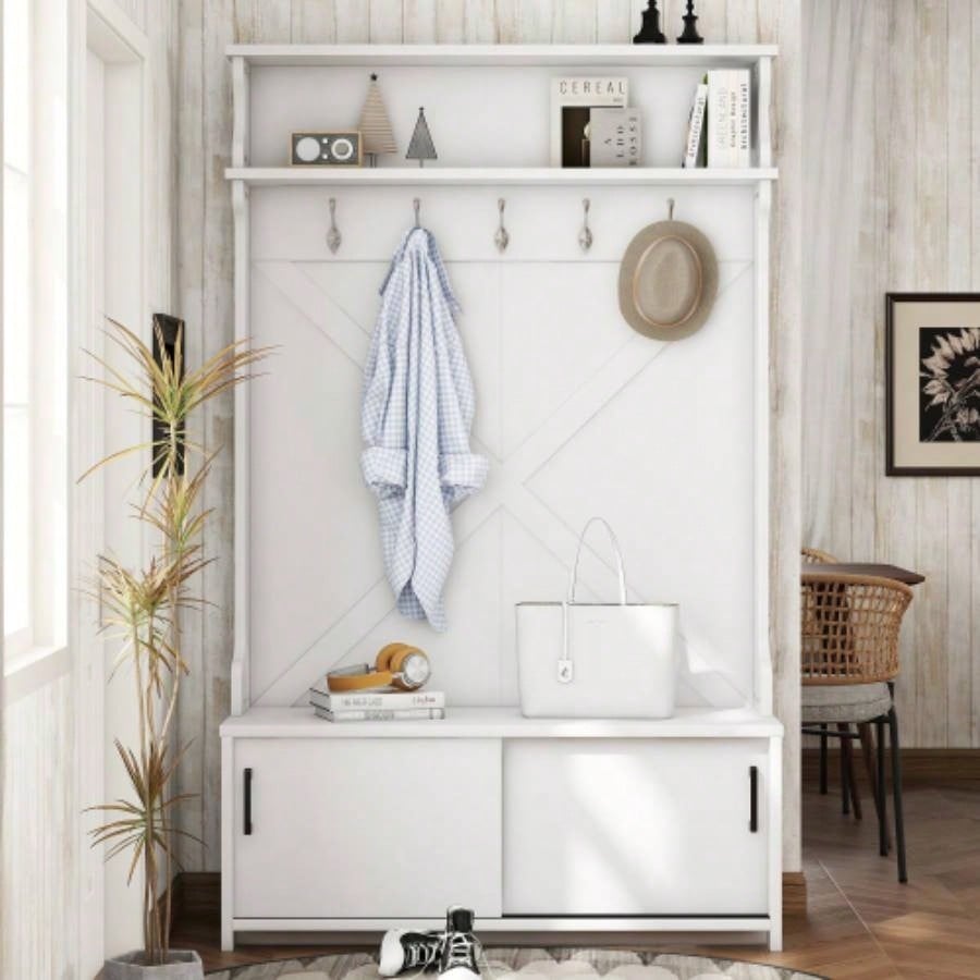 Hall Tree with Top Shelf and Storage, Hallway Shoe Cabinet with Sliding Doors, Coat Rack with 5 Hanging Hooks Entryways Hallways, White