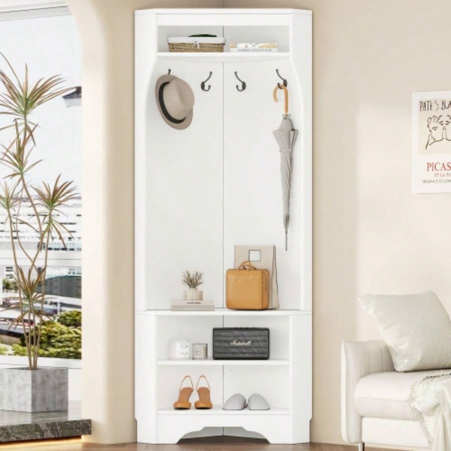 ON - TREND Minimalist Corner Hall Tree with Shoe, Versatile Entryway Coat Rack with 4 Hooks, Corner Cabinet with Adjustable Shelf Hallway, Living Room, Black, 29.571.6H