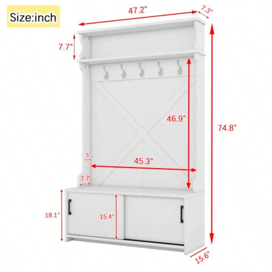 Hall Tree with Top Shelf and Storage, Hallway Shoe Cabinet with Sliding Doors, Coat Rack with 5 Hanging Hooks Entryways Hallways, White