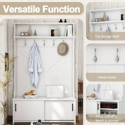 Hall Tree with Top Shelf and Storage, Hallway Shoe Cabinet with Sliding Doors, Coat Rack with 5 Hanging Hooks Entryways Hallways, White