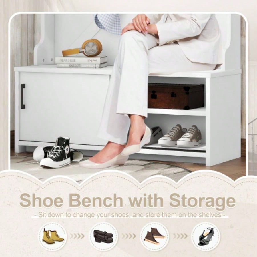 Hall Tree with Top Shelf and Storage, Hallway Shoe Cabinet with Sliding Doors, Coat Rack with 5 Hanging Hooks Entryways Hallways, White