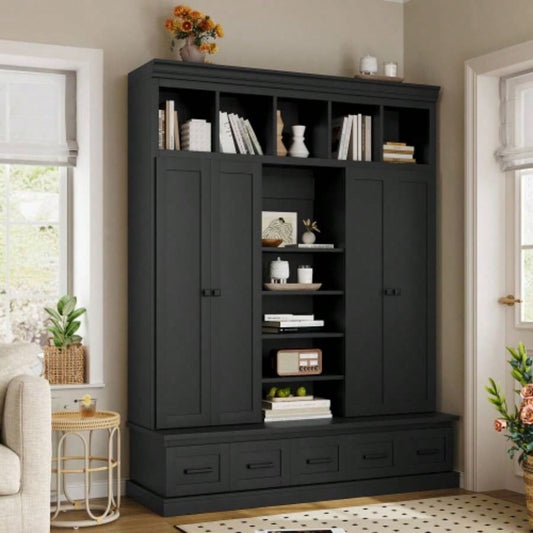 U - Can 78. H Hall Tree with and 5 Storage Cubbies, Modern Entryway Storage Organizer Cabinet with 4 Doors, 5 Drawers and Adjustable Shelves Hallway, Entryway, Living Room