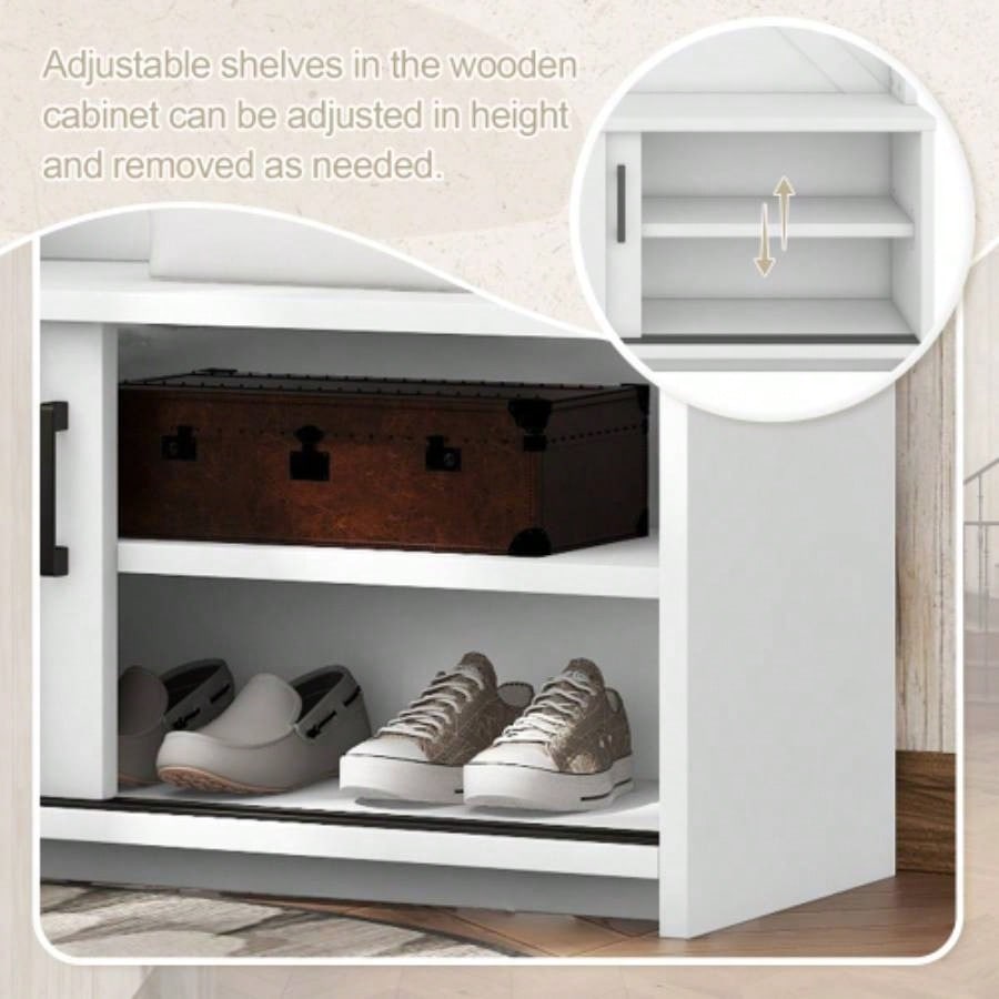 Hall Tree with Top Shelf and Storage, Hallway Shoe Cabinet with Sliding Doors, Coat Rack with 5 Hanging Hooks Entryways Hallways, White