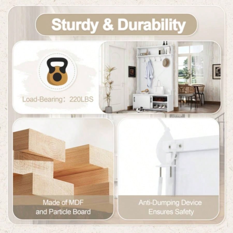 Hall Tree with Top Shelf and Storage, Hallway Shoe Cabinet with Sliding Doors, Coat Rack with 5 Hanging Hooks Entryways Hallways, White