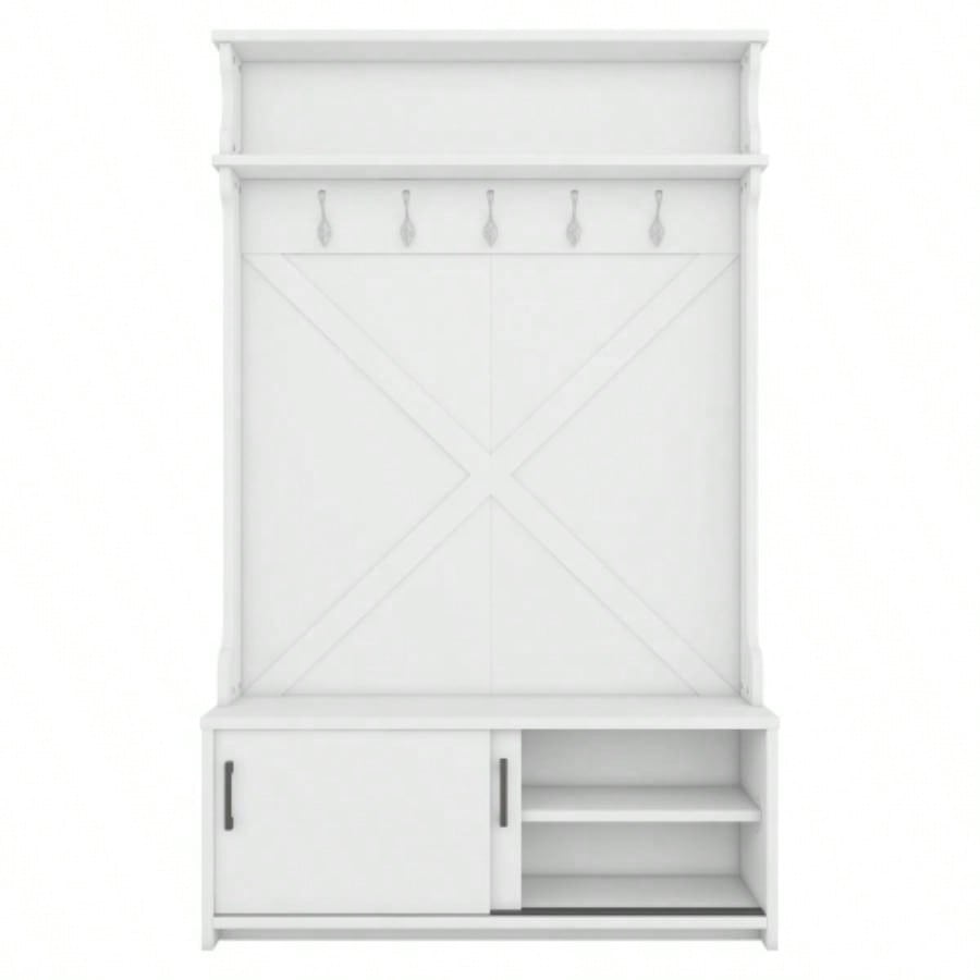 Hall Tree with Top Shelf and Storage, Hallway Shoe Cabinet with Sliding Doors, Coat Rack with 5 Hanging Hooks Entryways Hallways, White