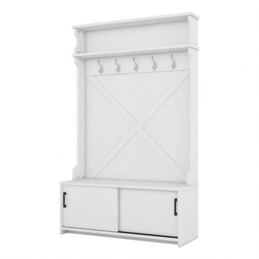 Hall Tree with Top Shelf and Storage, Hallway Shoe Cabinet with Sliding Doors, Coat Rack with 5 Hanging Hooks Entryways Hallways, White