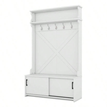 Hall Tree with Top Shelf and Storage, Hallway Shoe Cabinet with Sliding Doors, Coat Rack with 5 Hanging Hooks Entryways Hallways, White