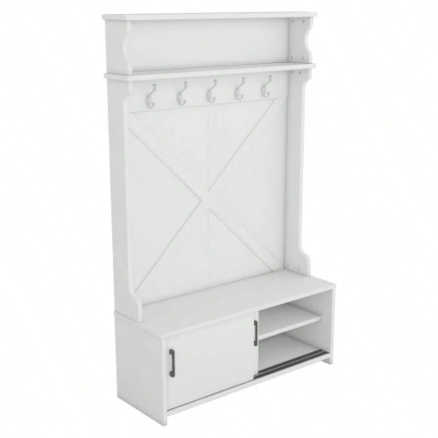 Hall Tree with Top Shelf and Storage, Hallway Shoe Cabinet with Sliding Doors, Coat Rack with 5 Hanging Hooks Entryways Hallways, White