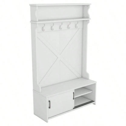 Hall Tree with Top Shelf and Storage, Hallway Shoe Cabinet with Sliding Doors, Coat Rack with 5 Hanging Hooks Entryways Hallways, White