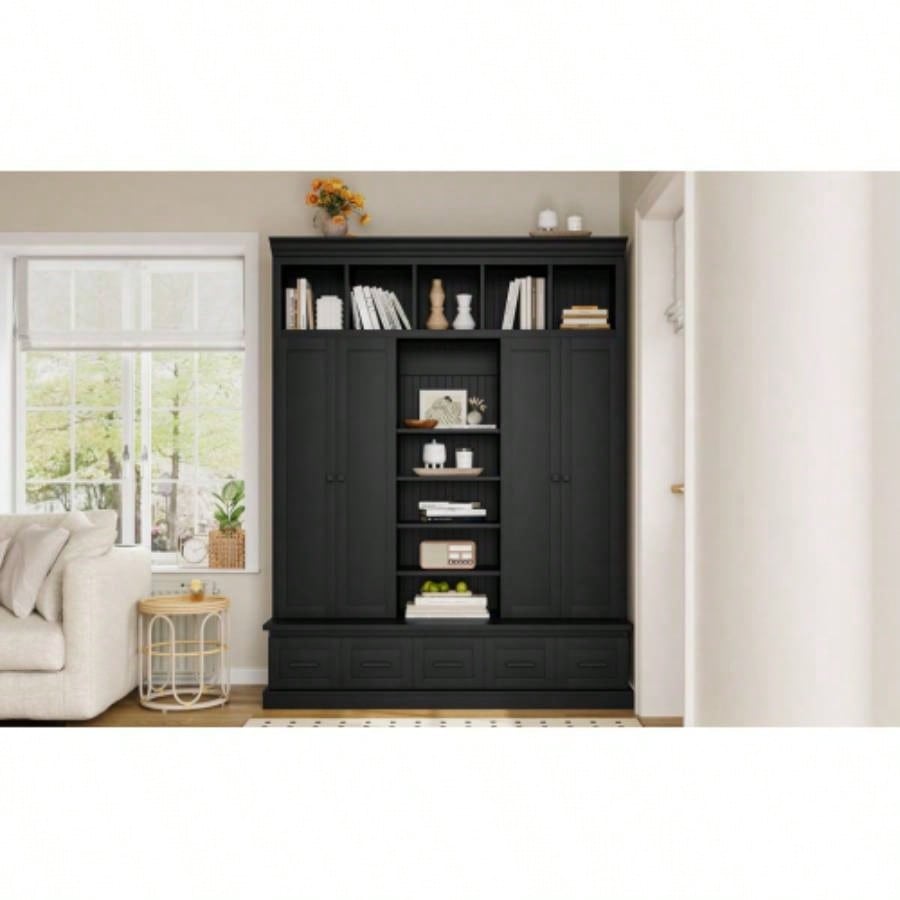 U - Can 78. H Hall Tree with and 5 Storage Cubbies, Modern Entryway Storage Organizer Cabinet with 4 Doors, 5 Drawers and Adjustable Shelves Hallway, Entryway, Living Room