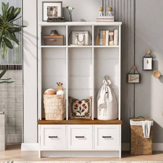 U - Can Modern Hall Tree with Entryway, 3 Shelves and Drawers, 40.2 Wide Hall Tree with Storage Hallway, Entryway, Living Room
