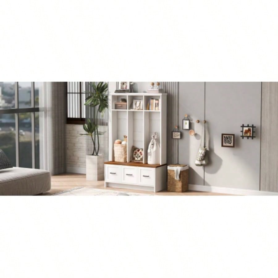 U - Can Modern Hall Tree with Entryway, 3 Shelves and Drawers, 40.2 Wide Hall Tree with Storage Hallway, Entryway, Living Room