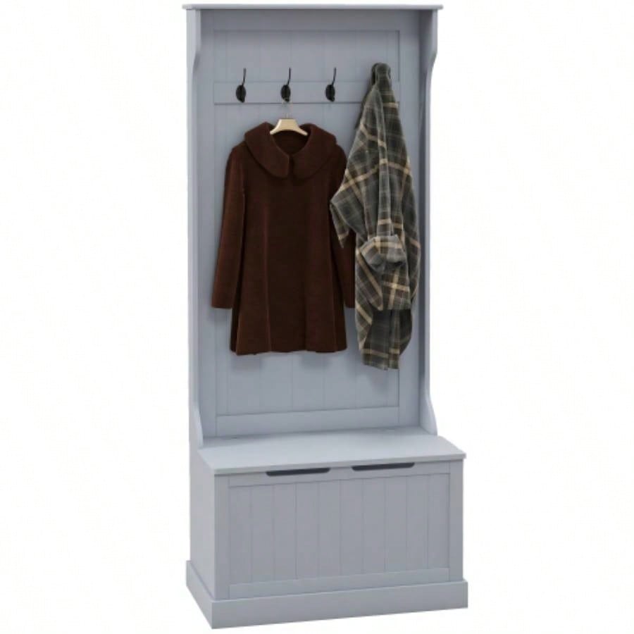 HOMCOM 28 3 - In - 1 Entryway Hall Tree with Storage, Coat Rack with Four Hooks and Shoe Storage, Gray