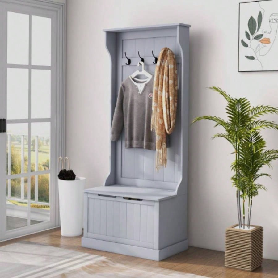 HOMCOM 28 3 - In - 1 Entryway Hall Tree with Storage, Coat Rack with Four Hooks and Shoe Storage, Gray