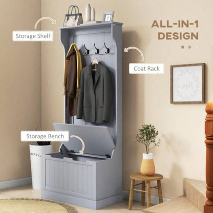 HOMCOM 28 3 - In - 1 Entryway Hall Tree with Storage, Coat Rack with Four Hooks and Shoe Storage, Gray