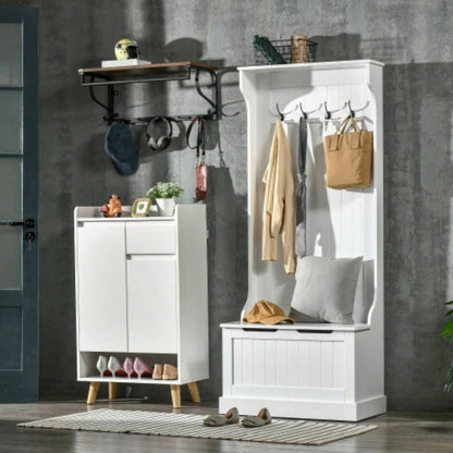HOMCOM Hall Tree with Coat Rack, Storage and Sitting, White
