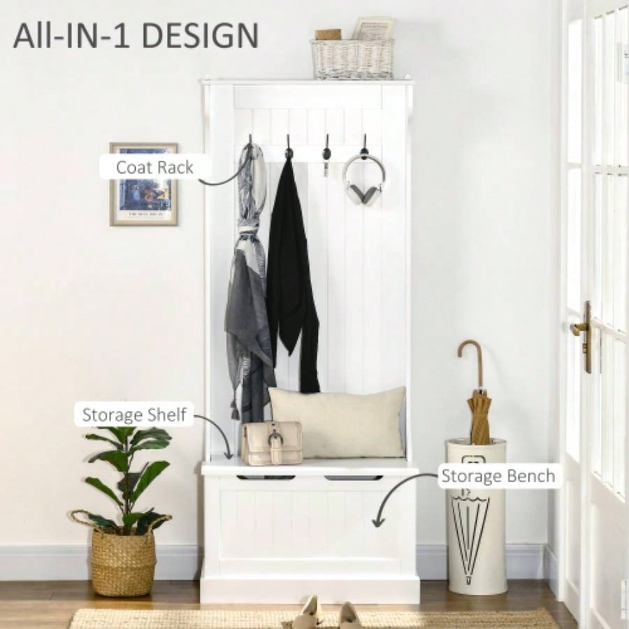 HOMCOM Hall Tree with Coat Rack, Storage and Sitting, White