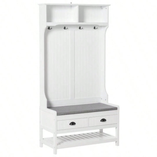 HOMCOM 3 - in - 1 Hall Tree, Entryway with Coat Rack, Mudroom with Shoe Rack, 2 Storage Drawers, 4 Hooks and Padded Cushions Hallway, White