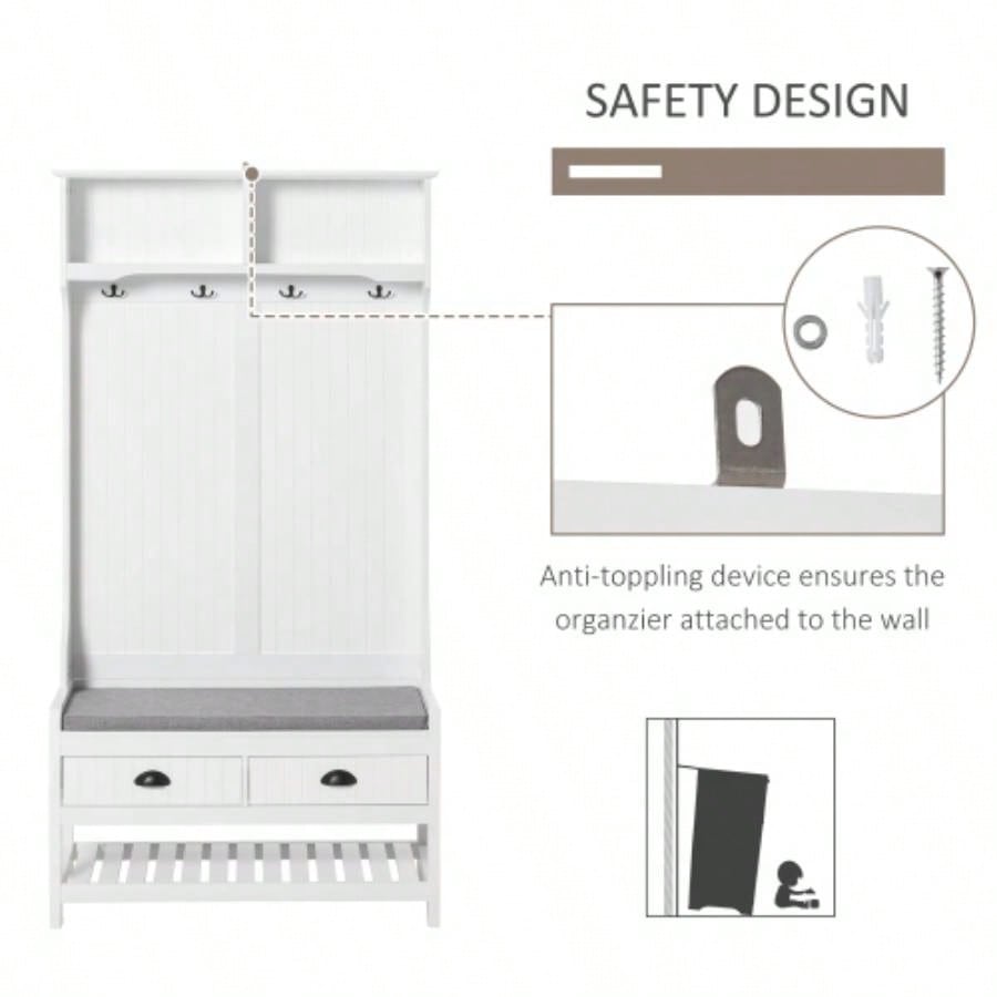 HOMCOM 3 - in - 1 Hall Tree, Entryway with Coat Rack, Mudroom with Shoe Rack, 2 Storage Drawers, 4 Hooks and Padded Cushions Hallway, White